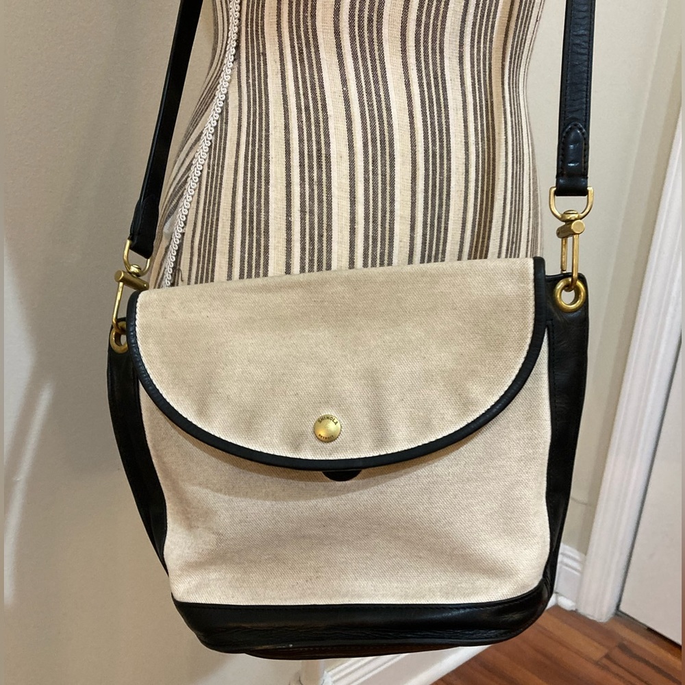 Shinola Birdy Bucket Bag Cream Canvas Black Leather